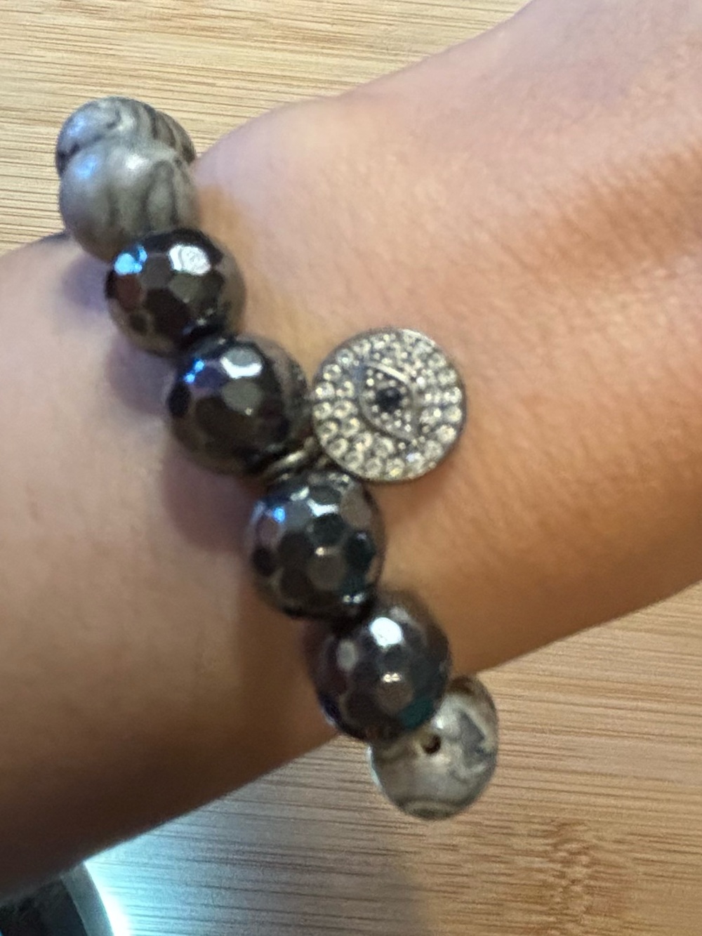 Silver-Tone Beaded Bracelet with Evil Eye and Heart Tag